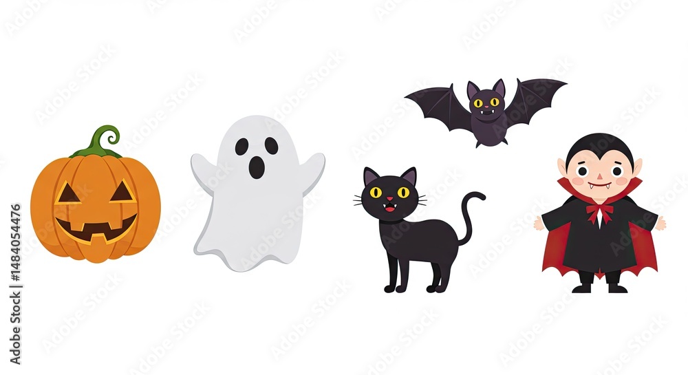 Adorable Halloween characters including a pumpkin, ghost, bat, cat, and vampire Adorable Halloween characters including a pumpkin, ghost, bat, cat, and vampire