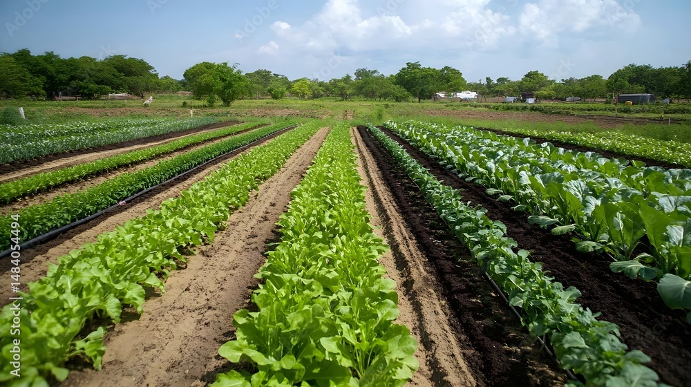 Parallel rows of fresh vegetables in a farm field. Parallel rows of fresh vegetables in a farm field.