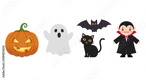 Adorable Halloween characters including pumpkin, ghost, cat, bat and vampire on white