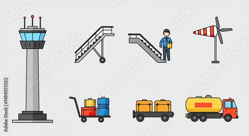 Airport themed illustration with various elements related to travel and transport.