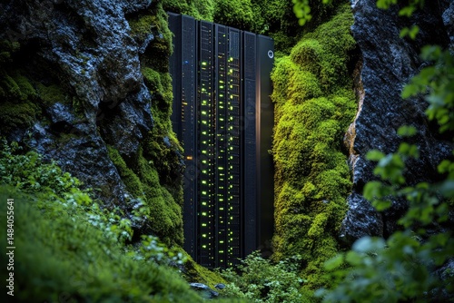 A server farm is nestled within a lush, moss-covered ravine, blurring the lines between technology and nature.