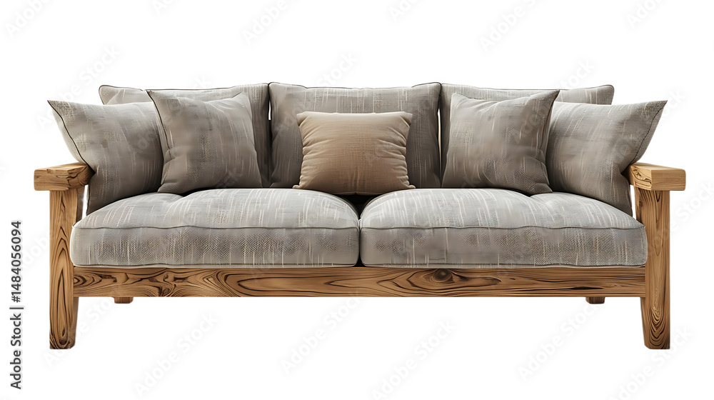 Obraz premium Reclaimed wood sofa with beige cushions isolated on transparent background