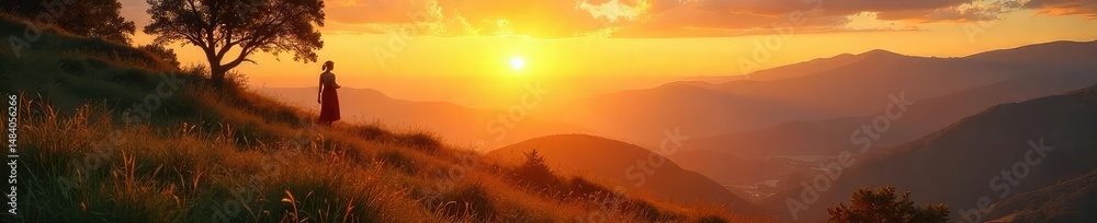 Obraz premium Serene landscape at dawn, bathed in golden light, evokes a sense of spiritual peace and tranquility Perfect for meditation, yoga, and mindfulness themes , oneness, reflection, sunrise