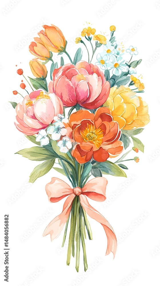 Fototapeta premium Colorful spring flowers with tulips roses and daisies in a bouquet