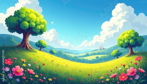 Vibrant digital illustration of a whimsical, abstract landscape , surreal art, art