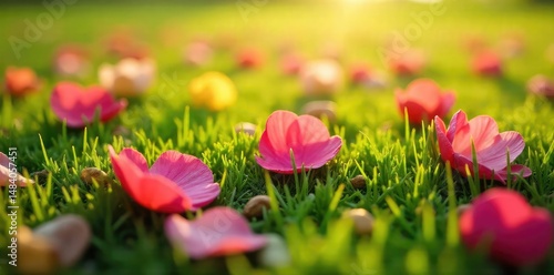 Vibrant fallen flower petals scattered on lush green grass, bathed in soft sunlight Perfect for spring, nature, and floral themes Close-up detail showcases delicate textures , light, floral, romantic