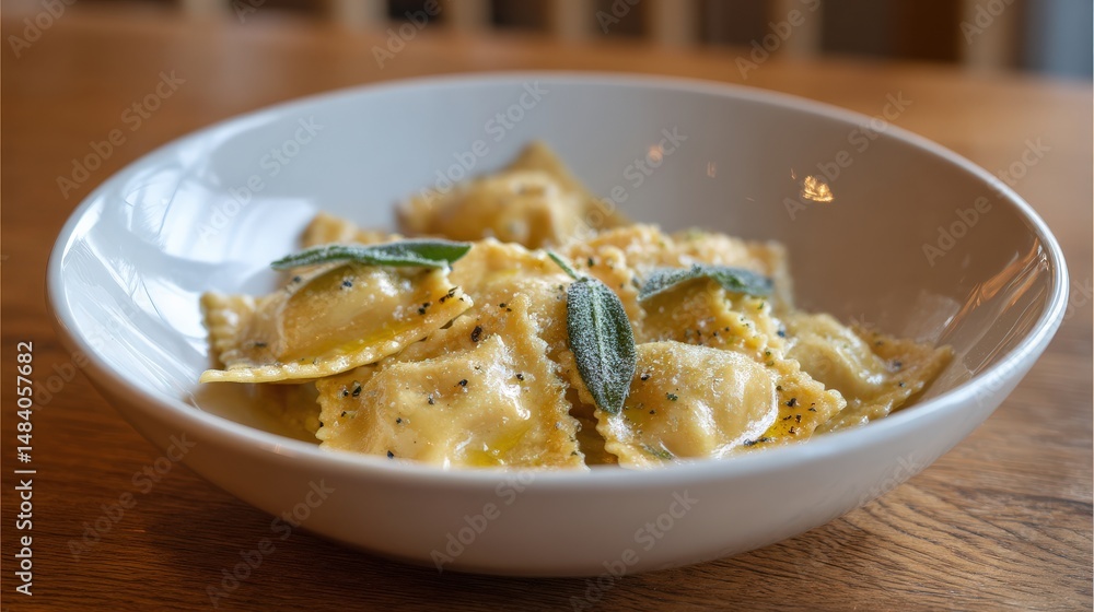 A bowl of delicious homemade ravioli with sage butter sauce. Perfect for a cozy night in! A bowl of delicious homemade ravioli with sage butter sauce. Perfect for a cozy night in!