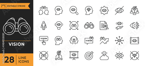 Vision line icon set. Contain icons related to Eye, look, binocular etc. Editable stroke. vector illustration