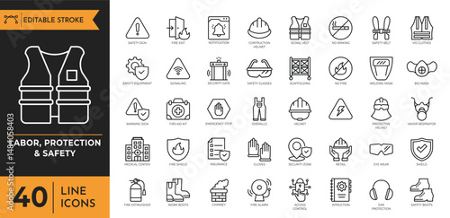 Labor protection and safety line icon set. Containing Insurance, Fire exit, Notification, Safety signs, Overalls and more. Editable stroke. Vector illustration