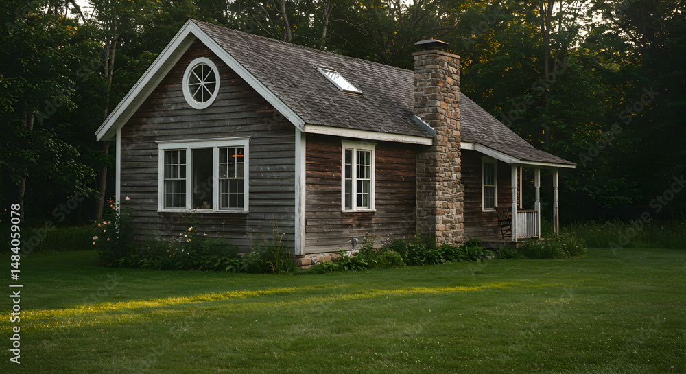 Obraz premium Charming Rustic Cabin Nestled Amidst Verdant Woodlands During Serene Twilight