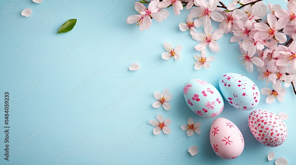 Pastel-colored Easter eggs surrounded by cherry blossoms. Pastel-colored Easter eggs surrounded by cherry blossoms.