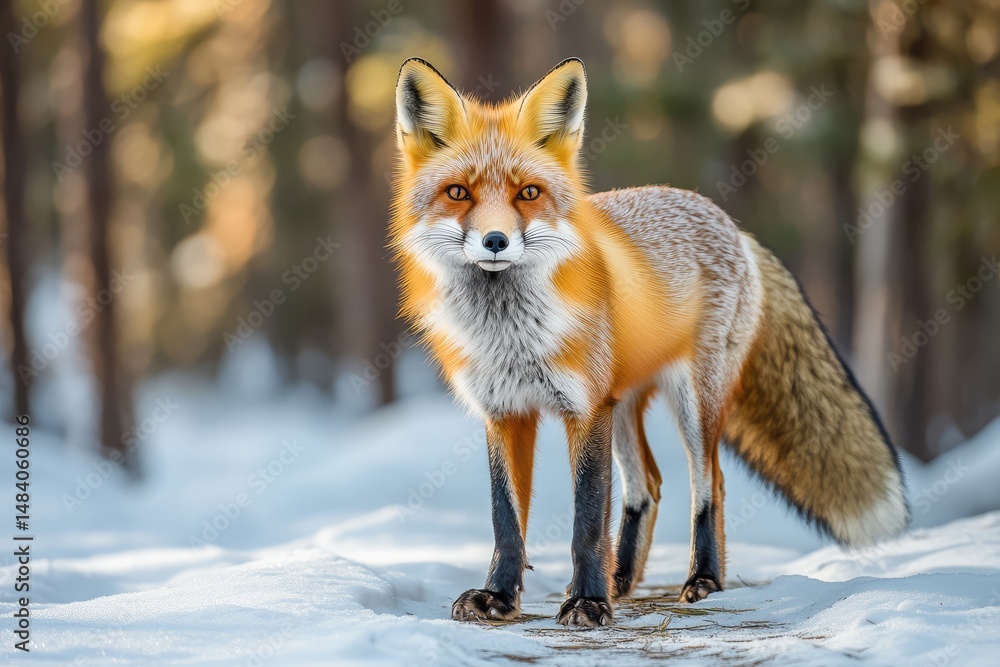 A red fox stands alertly in a snowy forest, its eyes focused on the viewer. A red fox stands alertly in a snowy forest, its eyes focused on the viewer.