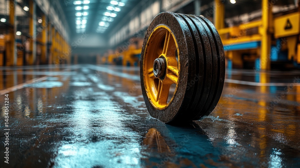 Obraz premium Industrial wheel on wet factory floor
