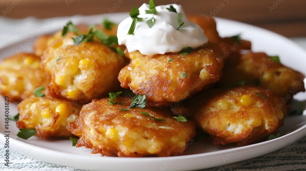 Crispy corn fritters topped with creamy sauce. Crispy corn fritters topped with creamy sauce.