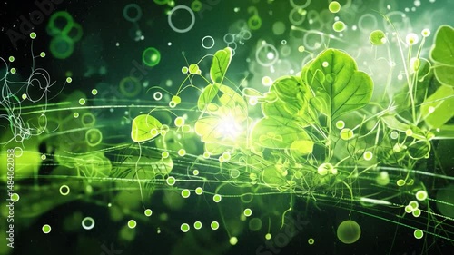 Emerging Life: A dynamic artistic composition of green leaves, bubbles, and energetic lines, illustrating the essence of vitality and growth.