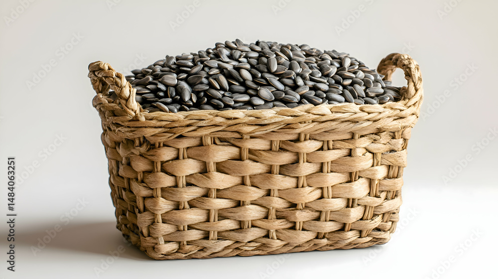Obraz premium Semillas de Girasol, Sunflower Seeds in a small woven basket, simple light taupe background