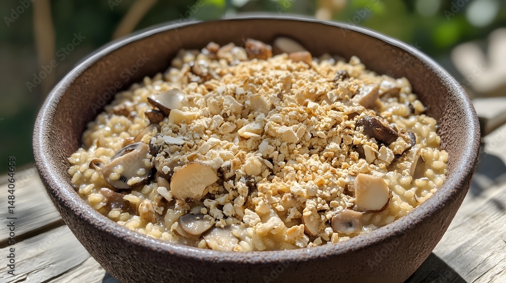 Creamy mushroom risotto served in a bowl outdoors. Creamy mushroom risotto served in a bowl outdoors.
