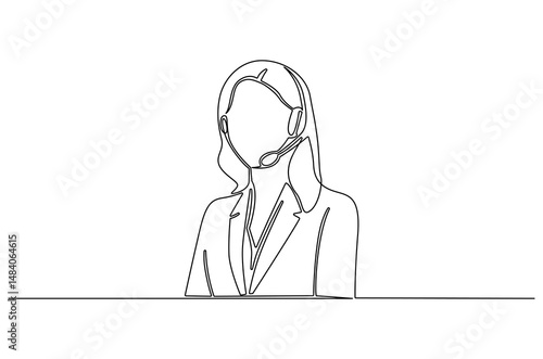 Continuous one line drawing of Young woman with headphones. Single line drawing illustration of Woman call center agent. Customer service concept vector art. Doodle line illustration.