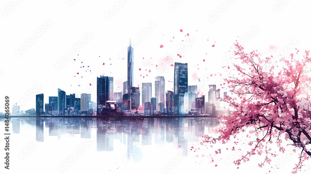 Fototapeta premium Futuristic city skyline with cherry blossoms, white isolated background. [Ocular City] | Data Lens | streamed sight. Illustration