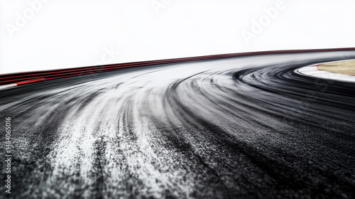 A road with a white line and a red line. The road is wet and has tire marks