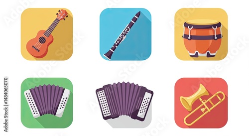 Colorful flat design musical instrument icons set on square backgrounds