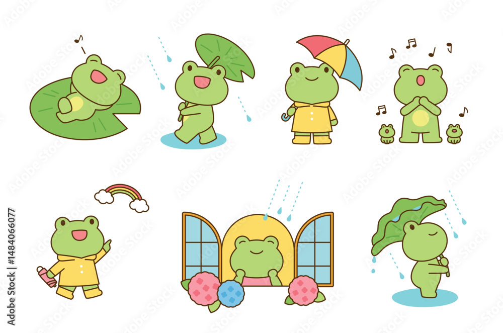 Fototapeta premium Cute frog characters enjoying rainy weather with umbrellas, raincoats, singing, and hydrangeas. Adorable cartoon scenes perfect for spring or monsoon themes.