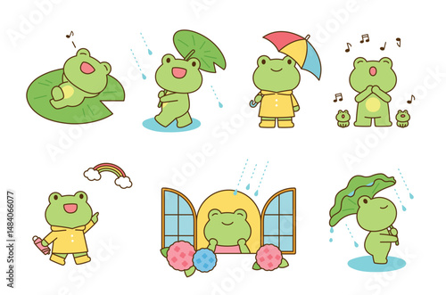 Cute frog characters enjoying rainy weather with umbrellas, raincoats, singing, and hydrangeas. Adorable cartoon scenes perfect for spring or monsoon themes.