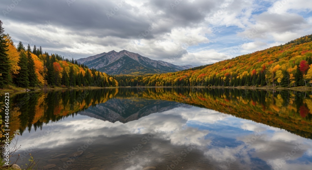Fototapeta premium Lake reflection showing autumnal forest and mountain serenity, with colorful trees and cloudy sky