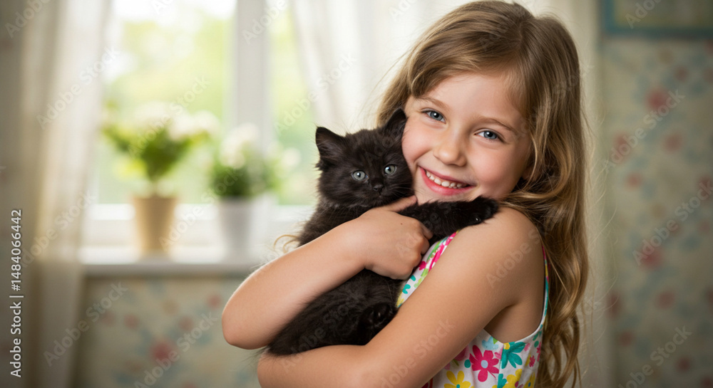 Smiling Little Girl Hugging Black Kitten at Home Adorable Friendship Between a Child and Her Cat Joyful Childhood Moment Smiling Little Girl Hugging Black Kitten at Home Adorable Friendship Between a Child and Her Cat Joyful Childhood Moment