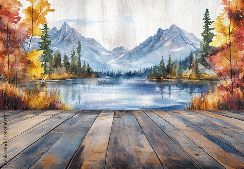 Autumnal lake scene with mountain backdrop and wooden deck