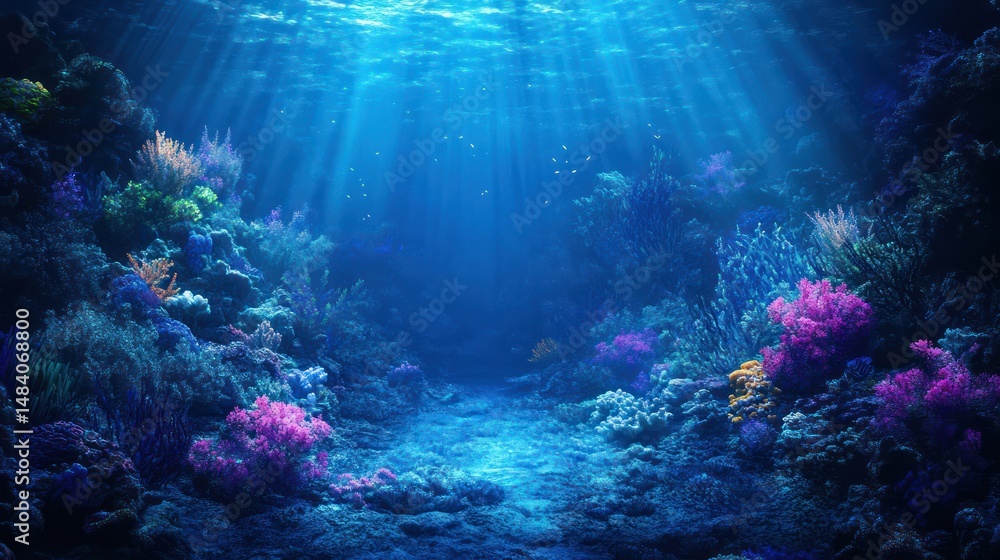 Obraz premium Enchanting underwater vista showcasing vibrant corals illuminated by sunbeams