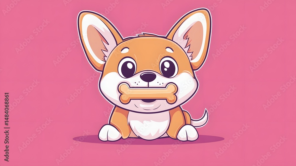 Fototapeta premium Cute cartoon dog holding a bone against a pink backdrop.