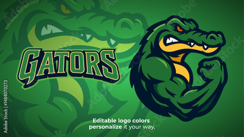 Flexing Gator Mascot Logo – Muscular Alligator Showing Biceps in Strong Pose Vector for E-Sport and Strength-Based Branding
