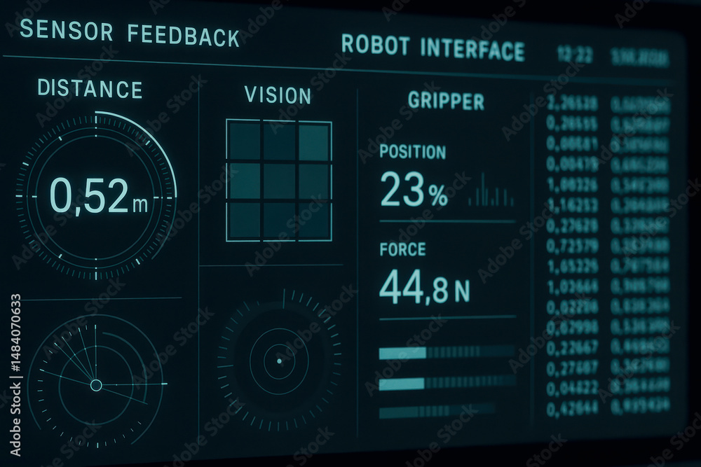 Fototapeta premium Robot interface sensor feedback with distance vision and gripper position force data for computer engineering technology control system