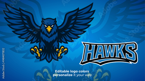 Attacking Hawk Mascot Logo – Fierce Blue Hawk with Spread Wings and Claws Vector for E-Sport and Competitive Teams
