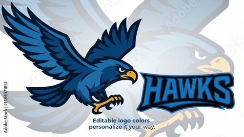 Flying Hawk Mascot Logo – Aggressive Blue Hawk with Spread Wings and Claws Vector for E-Sport and Competitive Teams
