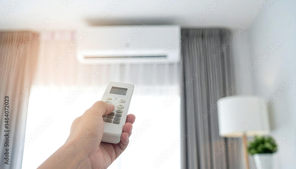 エアコンのリモコンを持つ手。快適な部屋の背景イメージ。Hand holding air conditioner remote control. Comfortable room background image. エアコンのリモコンを持つ手。快適な部屋の背景イメージ。Hand holding air conditioner remote control. Comfortable room background image.