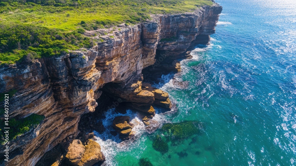 Obraz premium Aerial perspective of high coastal cliff with sweeping ocean views and rugged rocks