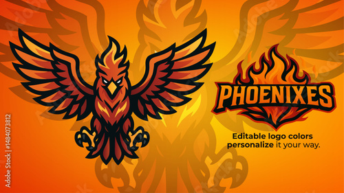 Front Facing Phoenix Mascot Logo – Symmetrical Flaming Bird with Spread Wings Vector for E-Sport and Fantasy Teams
