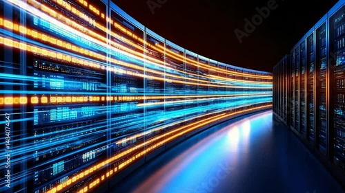 Futuristic Server Room: Data Center's High-Speed Network