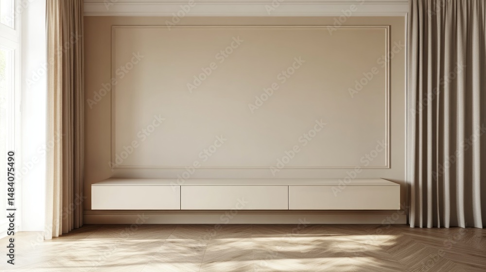 Fototapeta premium Cabinet for TV on the cream color wall in living room,minimal design.
