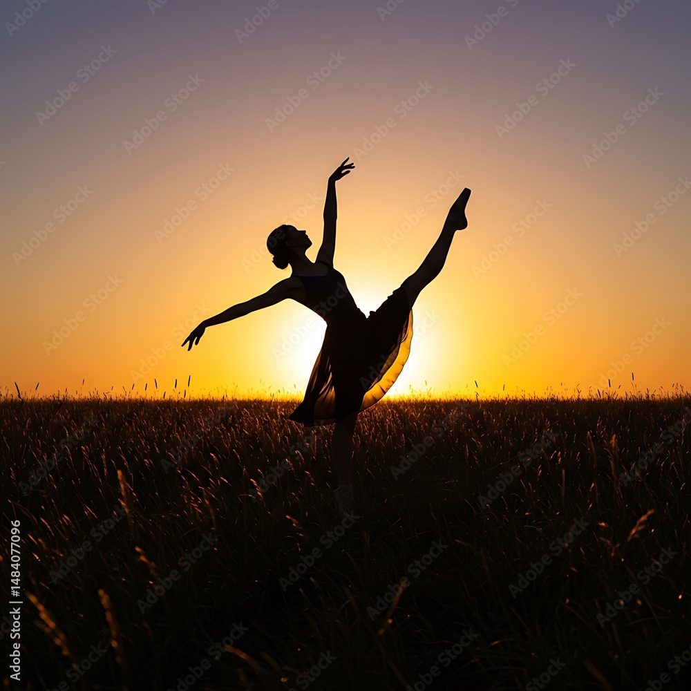 Sunset Silhouette: Ballerina's Graceful Leap Sunset Silhouette: Ballerina's Graceful Leap