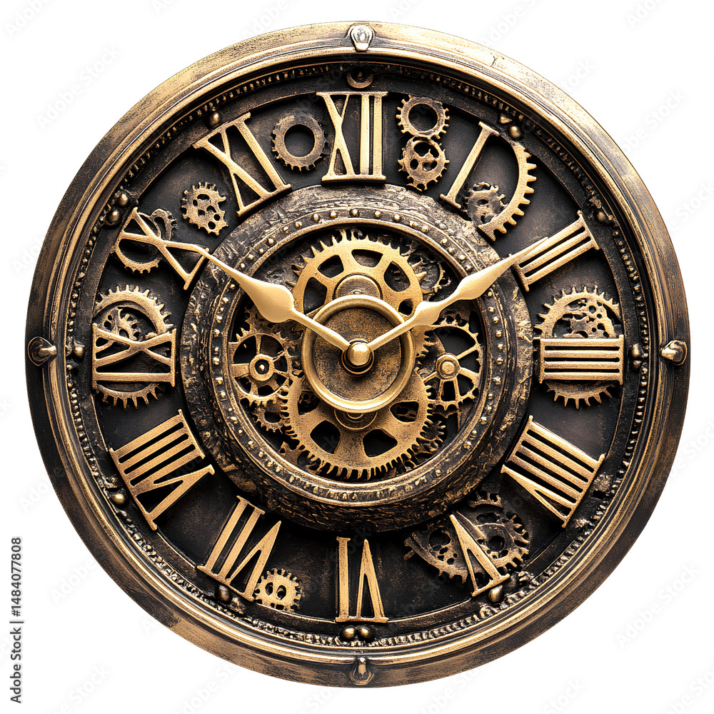 Fototapeta premium Steampunk Mechanical Clock with Exposed Gears and Roman Numerals