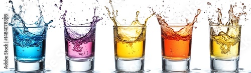 A banner of a row of 5 shot glasses containing different colored liquor with light splashes on a white background, party vibes