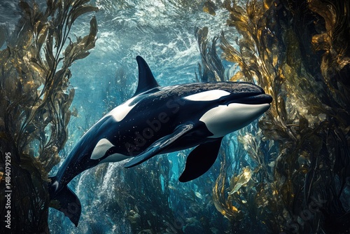 A majestic orca swims gracefully through a kelp forest, sunlight dappling the water surface above, creating a serene underwater scene.