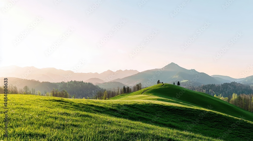 Naklejka premium Serene Sunrise Over Rolling Green Hills and Distant Mountain Range