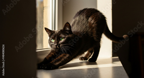 Black Cat Stretching on Windowsill Bathed in Sunlight Home Pet Relaxing in the Warmth Feline Grace Domestic Animal Cute Creature Contented