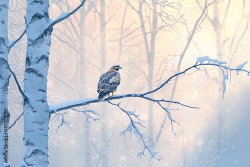 A majestic hawk perched on a snow-covered branch in a tranquil, misty winter forest at dawn.