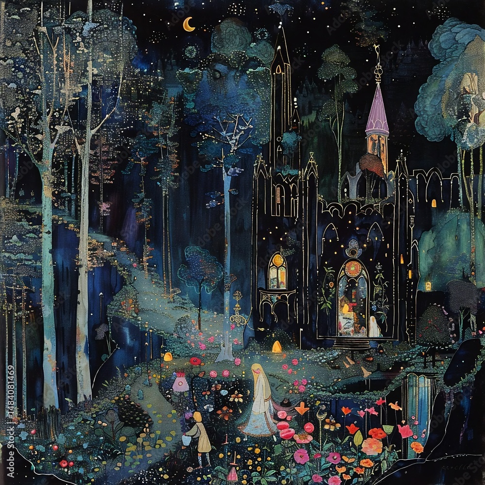 Obraz premium A mystical forest scene at night, illuminated by a crescent moon, featuring a medieval-style building, colorful flowers, and a figure with flowing hair, evoking a sense of enchantment and mystery.