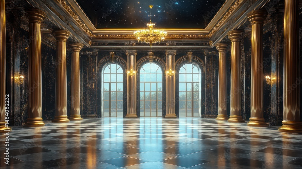 Obraz premium Opulent Ballroom Interior with Marble Floor and Architectural Detail